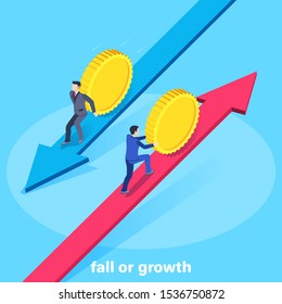 isometric vector image on a blue background, up and down arrows, men in business suits with gold coins, financial rise or fall