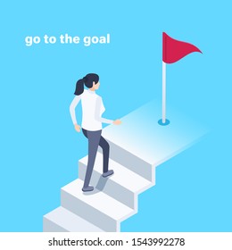 isometric vector image on a blue background, a young woman climbs the stairs to the red flag, go to the goal or business success