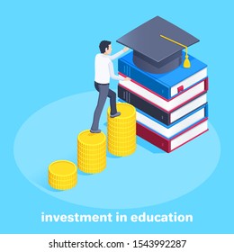 isometric vector image on a blue background, a young man climbs the stairs from coins to the bachelor's hat lying on a stack of books, investment in higher education