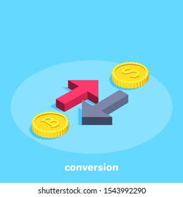 isometric vector image on a blue background, red and black arrows pointing in opposite directions near dollar and bitcoin coins, currency conversion