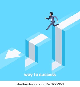 isometric vector image on a blue background, a woman in a business suit jumps over failure, movement to success