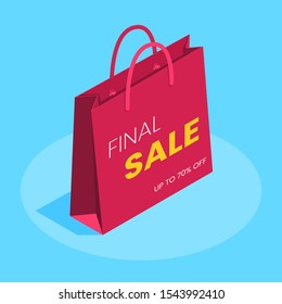 isometric vector image on a blue background, red paper bag with the inscription final sale, shopping on stock