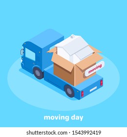 Isometric Vector Image On A Blue Background, Box With A House On A Blue Truck, Moving Day