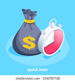 isometric vector image on a blue background, a black bag with money and a dollar icon next to a stopwatch, quick loan