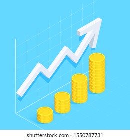 isometric vector image on a blue background, white curved arrow tends to the top and columns with coins, financial success and return on investment