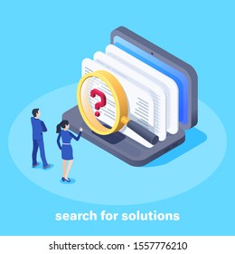 isometric vector image on a blue background, a man and a woman in business clothes are standing near the laptop and looking through a magnifying glass at documents, search and analysis