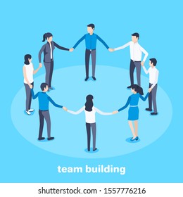 isometric vector image on a blue background, men and women stand in a circle holding hands, team building and teamwork
