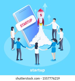 isometric vector image on a blue background, people are standing around a smartphone from whose screen a rocket takes off, team work in a country startup
