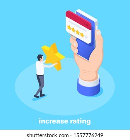 isometric vector image on a blue background, a male hand holds a smartphone with an open browser window and a man with a star, rating online