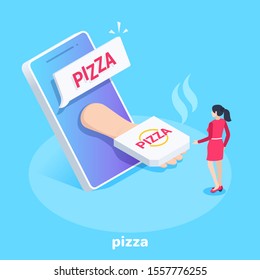 isometric vector image on a blue background, a girl in a red dress stands in front of a smartphone and hand with a box of pizza, order pizza online