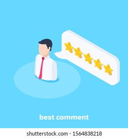 isometric vector image on a blue background, a man icon with a red tie and a text bubble with stars, best comment