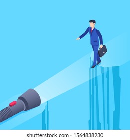 isometric vector image on a blue background, a man in a business suit carefully go over abyss, a bridge over a cliff, business success
