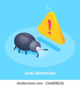 Isometric Vector Image On A Blue Background, A Bug And A Message About Danger, A Virus On The Phone