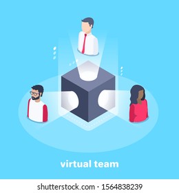 isometric vector image on a blue background, black cube with luminous rays and icons of people in them, virtual team
