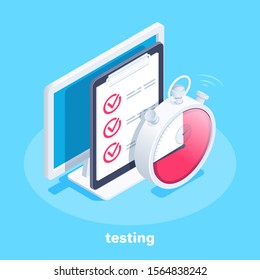 isometric vector image on a blue background, a stopwatch next to a tablet and a computer screen, time test