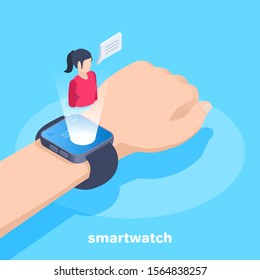 isometric vector image on a blue background, smart watch on a man’s hand and a woman icon on their screen, phone conversation and communication