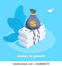 isometric vector image on a blue background, a money bag on a stack of banknotes and a launched paper airplane, money in growth