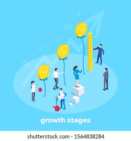 isometric vector image on a blue background, growing stems with gold coins and people serving them and analyzing financial data.
