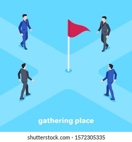isometric vector image on a blue background, men in business suits walking to the center of the intersection where the red flag is located, the gathering place