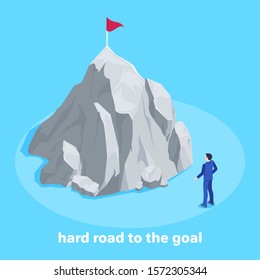 isometric vector image on a blue background, a man in a business suit stands in front of a high mountain at the top of which there is a flag, a hard way to the goal