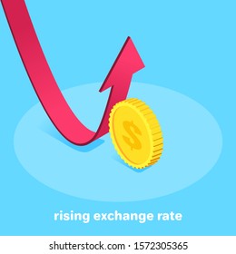isometric vector image on a blue background, the red arrow bends against a large gold coin with a dollar sign, a rising exchange rate