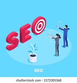 isometric vector image on a blue background, red word SEO with target and archery people