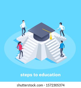 isometric vector image on a blue background, men and women climb the steps of the pyramid to the top where the bachelor's hat is located, steps to education