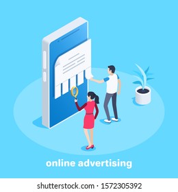 isometric vector image on a blue background, a man and a woman read an ad on a smartphone screen, online advertising service