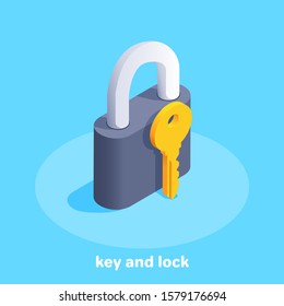 Isometric Vector Image On A Blue Background, Black Lock And Golden Key Icon