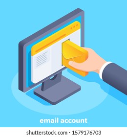 isometric vector image on a blue background, a male hand inserts an envelope with a letter in a browser window on a computer screen, email account