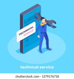 isometric vector image on a blue background, a man in work clothes with a wrench stands next to a smartphone, online technical service