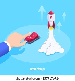 isometric vector image on a blue background, male hand presses the red button switch, turn on, Isometric vector image on a blue background, taking off rocket or startup