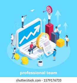 isometric vector image on a blue background, people work as a team with financial data, laptop and columns of the chart, studying financial documentation, business success
