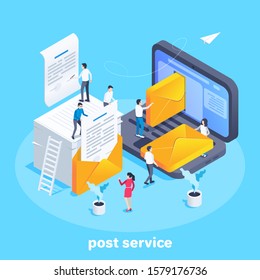 isometric vector image on a blue background, people send documents in envelopes by email, postal service and mail workers