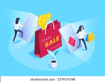 isometric vector image on a blue background, business concept, woman with shopping bags comes out of the smartphone screen, online store and shopping, final sale and online shopping