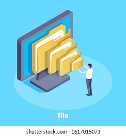 Isometric Vector Image On A Blue Background On The Topic Of Working With Documentation, A Man Stands Near A Large Monitor And Picks Up A File Folder