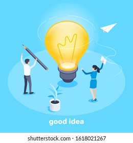 isometric vector image on a blue background on the theme of business, a man and a woman are standing near a large luminous bulb, a good idea or solution