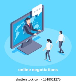 isometric vector image on a blue background on the theme of business, a man from a computer screen calls other people to himself or online communicates with business partners