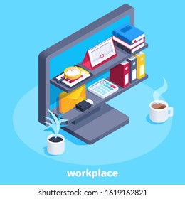 isometric vector image on a blue background, a set of elements on business subjects, on the shelves in the computer screen are different items for work, books next to the calendar and documentation