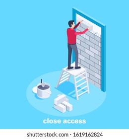 isometric vector image on a blue background, a man stands on the stairs in front of the doorway and bricked it with brick, access is closed
