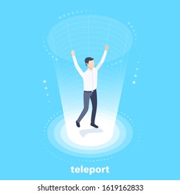 isometric vector image on a blue background, a man inside the portal, virtual reality or teleportation