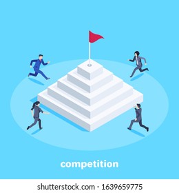 Isometric Vector Image On A Blue Background, Men And Women In Business Suits Compete In Who First Runs Up To The Top Of The Pyramid And Takes The Championship Flag