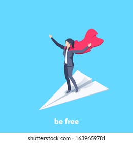 isometric vector image on a blue background, a woman in a business suit with a red super hero splash flies on a paper airplane, achieving high results and business success