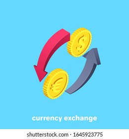 isometric vector image on a blue background, icon in the form of two arrows and gold coins with a dollar and euro icon, currency exchange