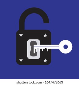 isometric vector image on a blue background, a black  lock,  with  white key,  four white ster and open  lock