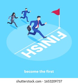 isometric vector image on a blue background, men and women in business suits compete in who will be the fastest and most successful, become the first