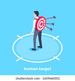 Isometric Vector Image On A Blue Background, A Man With A Round Target And Arrows In It On His Back, A  Human Target In Business