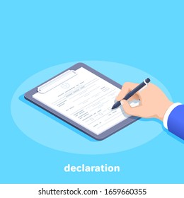isometric vector image on a blue background, a man in a business suit with a ballpoint pen fills out a declaration or document form lying on a tablet svg