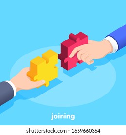 isometric vector image on a blue background, men in business suits holding pieces of a puzzle in their hands, joining or consolidate 