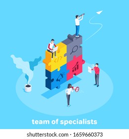 isometric vector image on a blue background, a large folded puzzle with business icons and people with a spyglass and loudspeaker, laptop and magnifier, a team of specialists